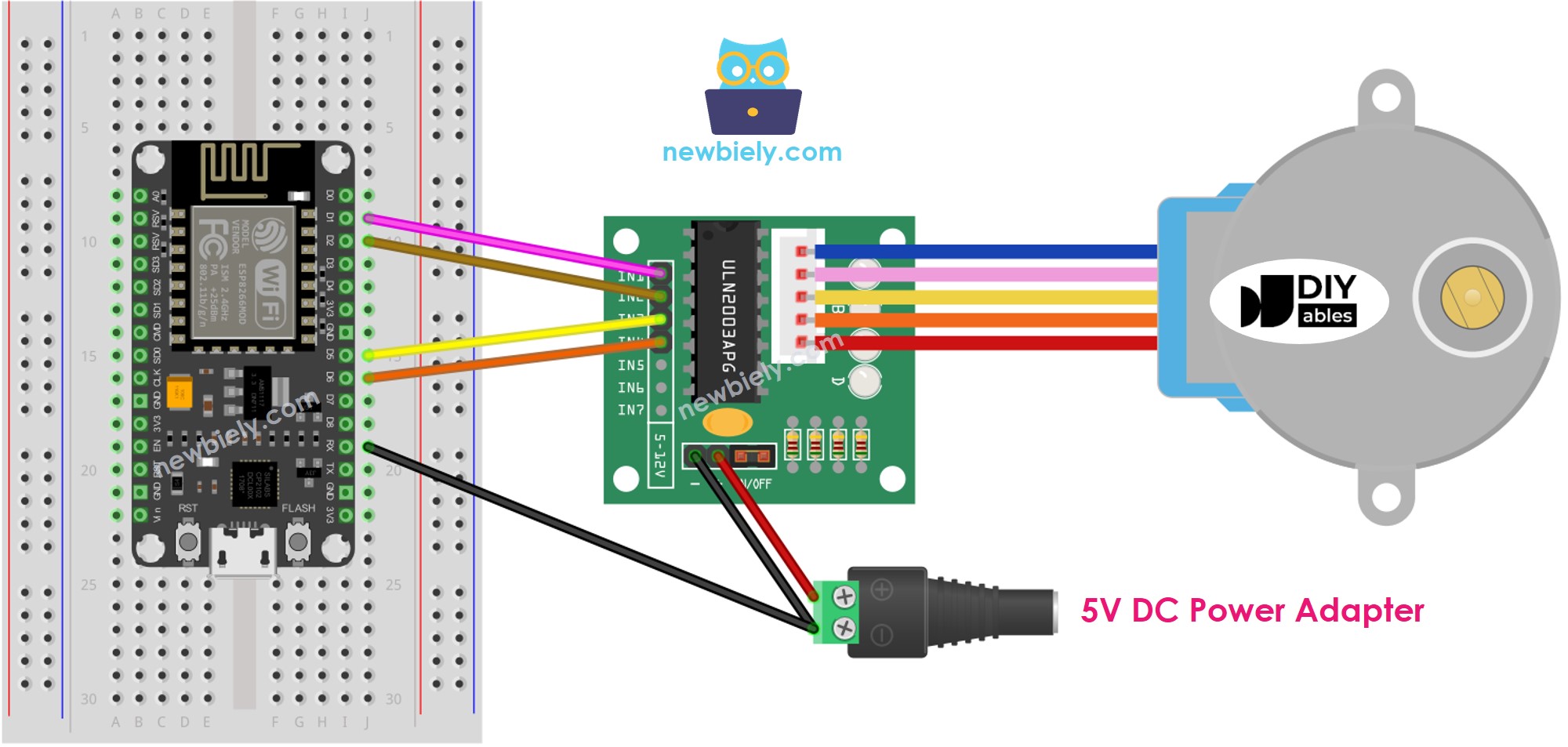 Diagrama de ligação do motor de passo com driver ULN2003 e ESP8266 NodeMCU