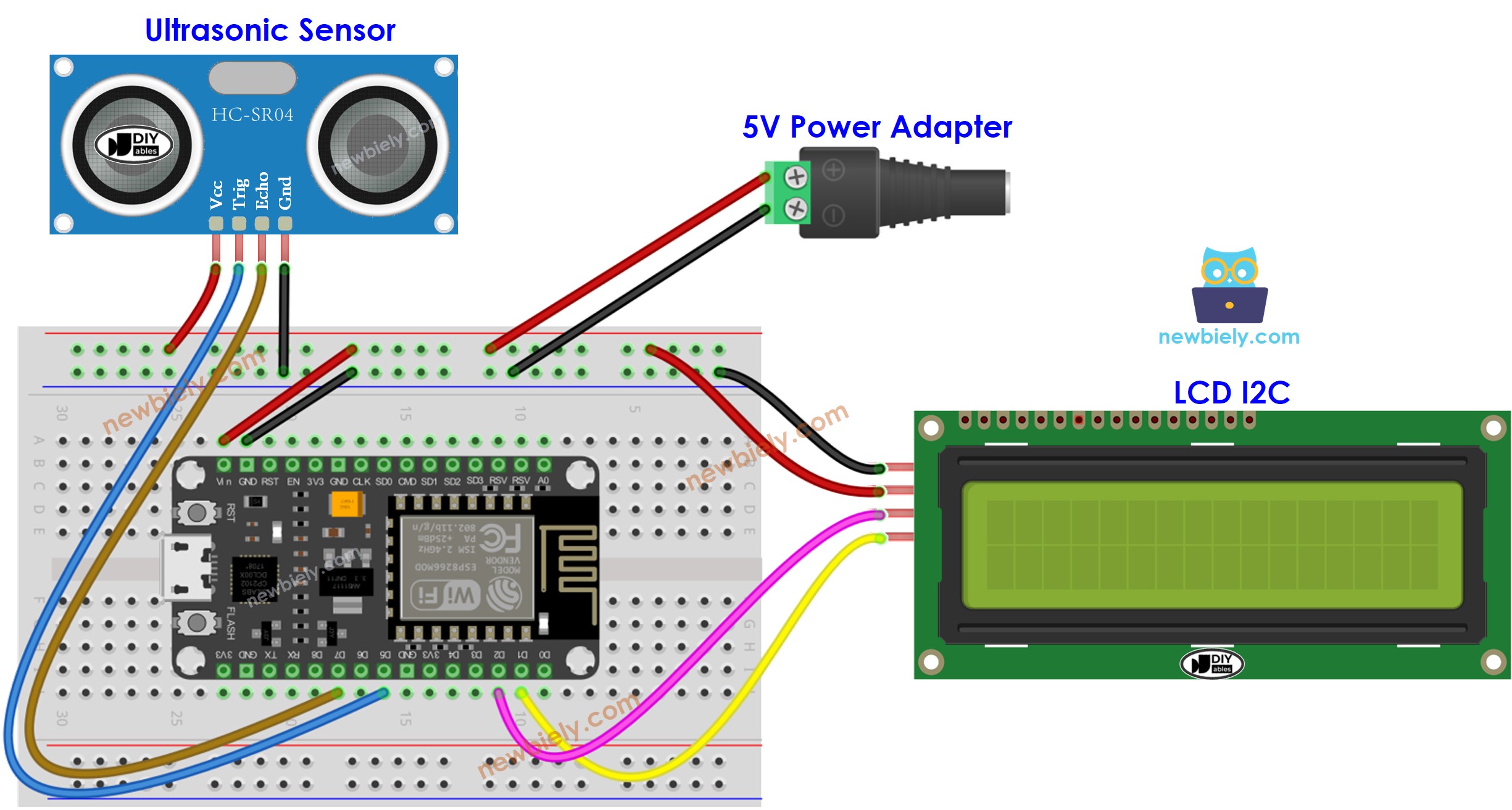 Diagrama de ligação do sensor ultrassônico com LCD e ESP8266 NodeMCU pelo pino Vin