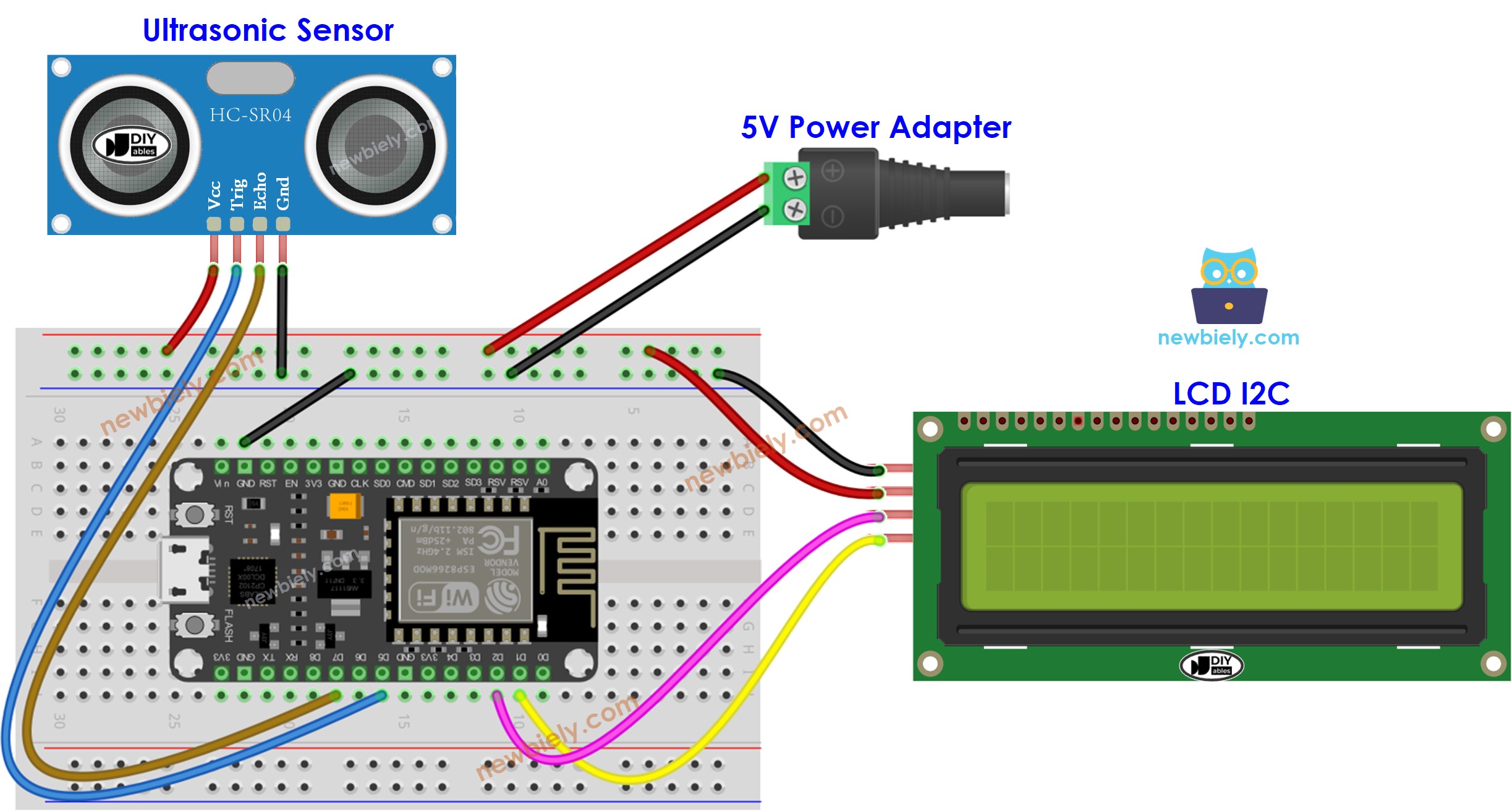 Diagrama de ligação do sensor ultrassônico com LCD e alimentação extra no ESP8266 NodeMCU