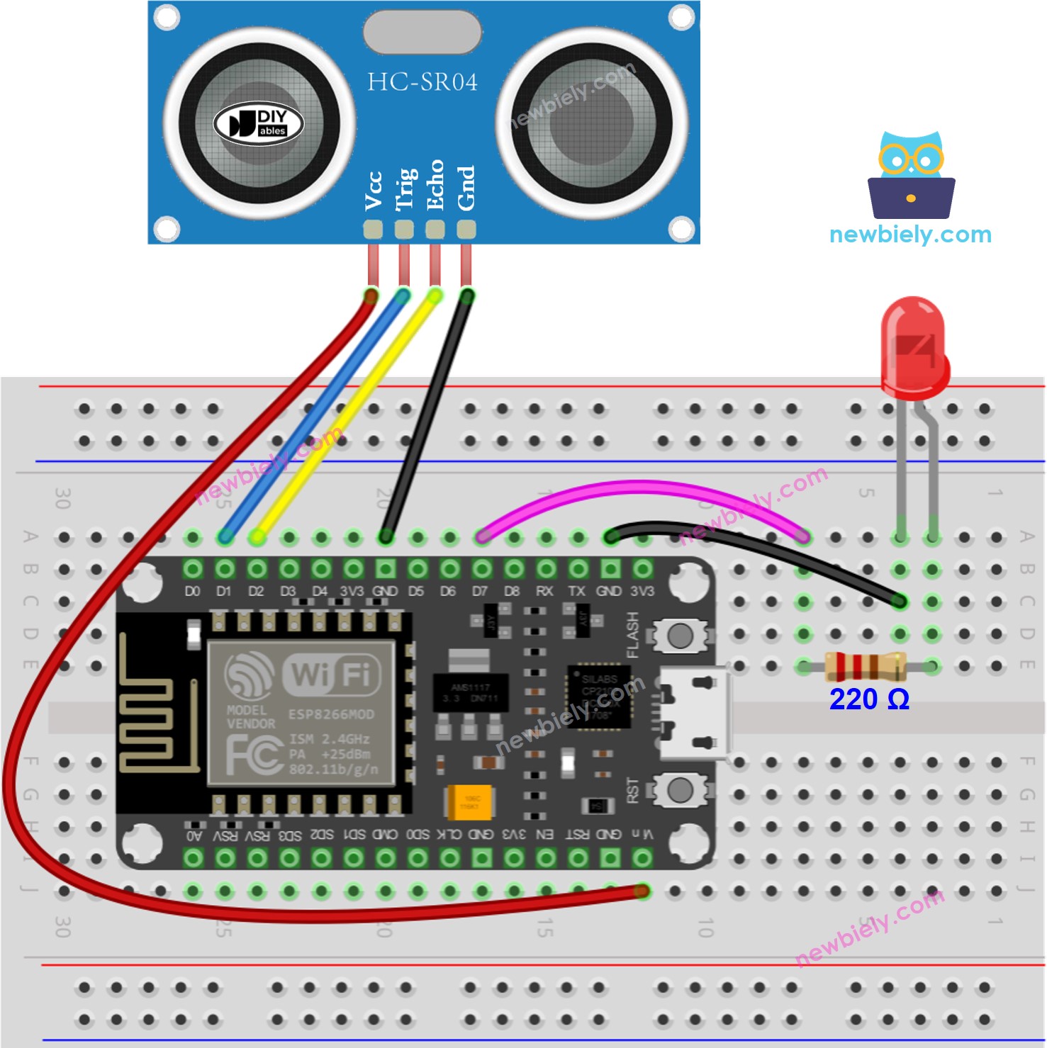 Diagrama de ligação do sensor ultrassônico com LED e ESP8266 NodeMCU