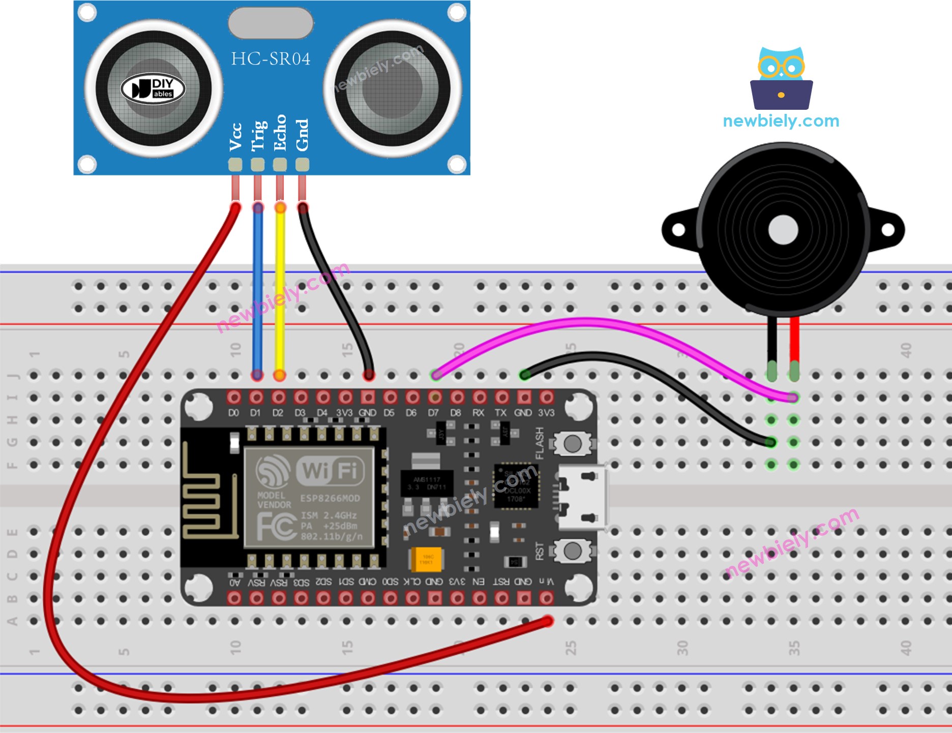 Diagrama de ligação do sensor ultrassônico com buzzer piezo e ESP8266 NodeMCU