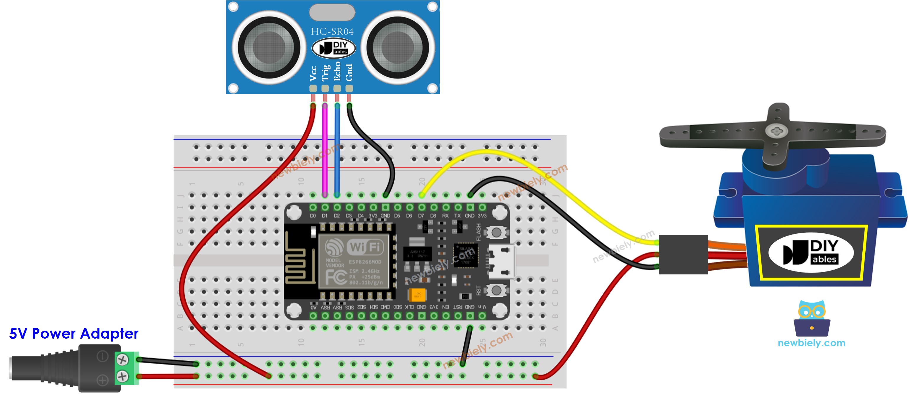 Diagrama de ligação do sensor ultrassônico com servo motor e alimentação externa no ESP8266 NodeMCU
