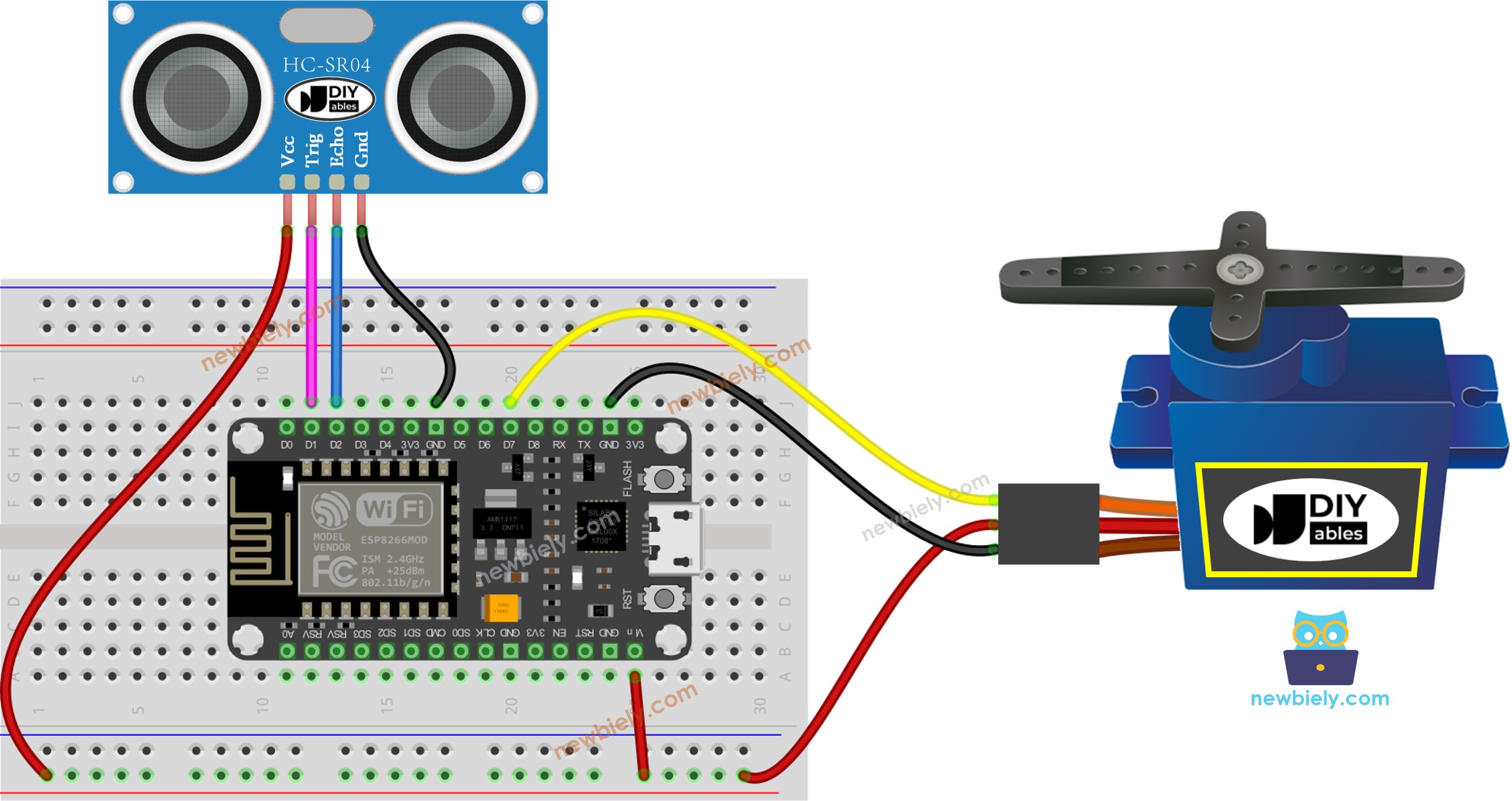 Diagrama de ligação do sensor ultrassônico com servo motor e ESP8266 NodeMCU