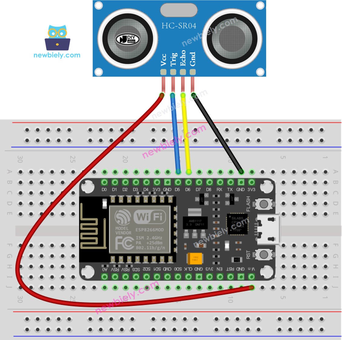 Diagrama de ligação do sensor ultrassônico com ESP8266 NodeMCU