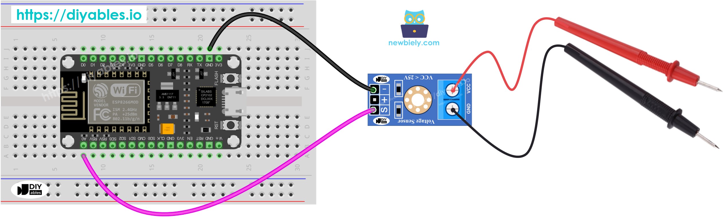 Diagrama de ligação do sensor de tensão com ESP8266 NodeMCU