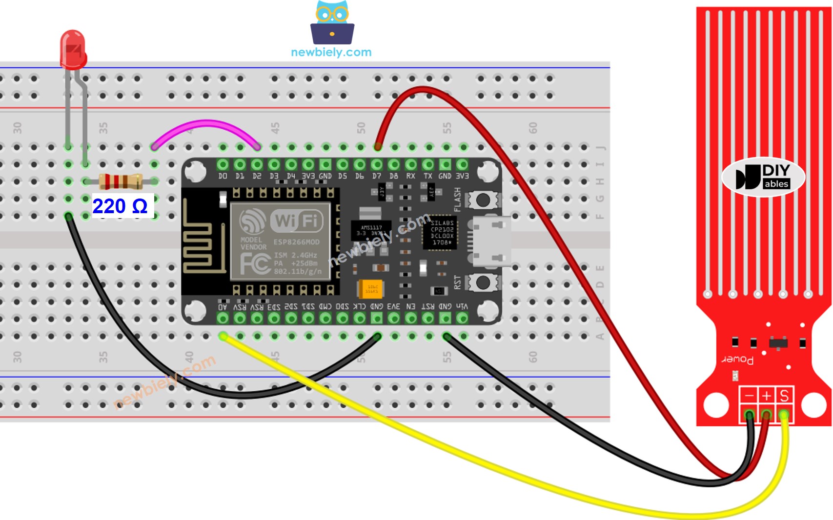 diagrama de ligação do Sensor de Água e LED com ESP8266 NodeMCU