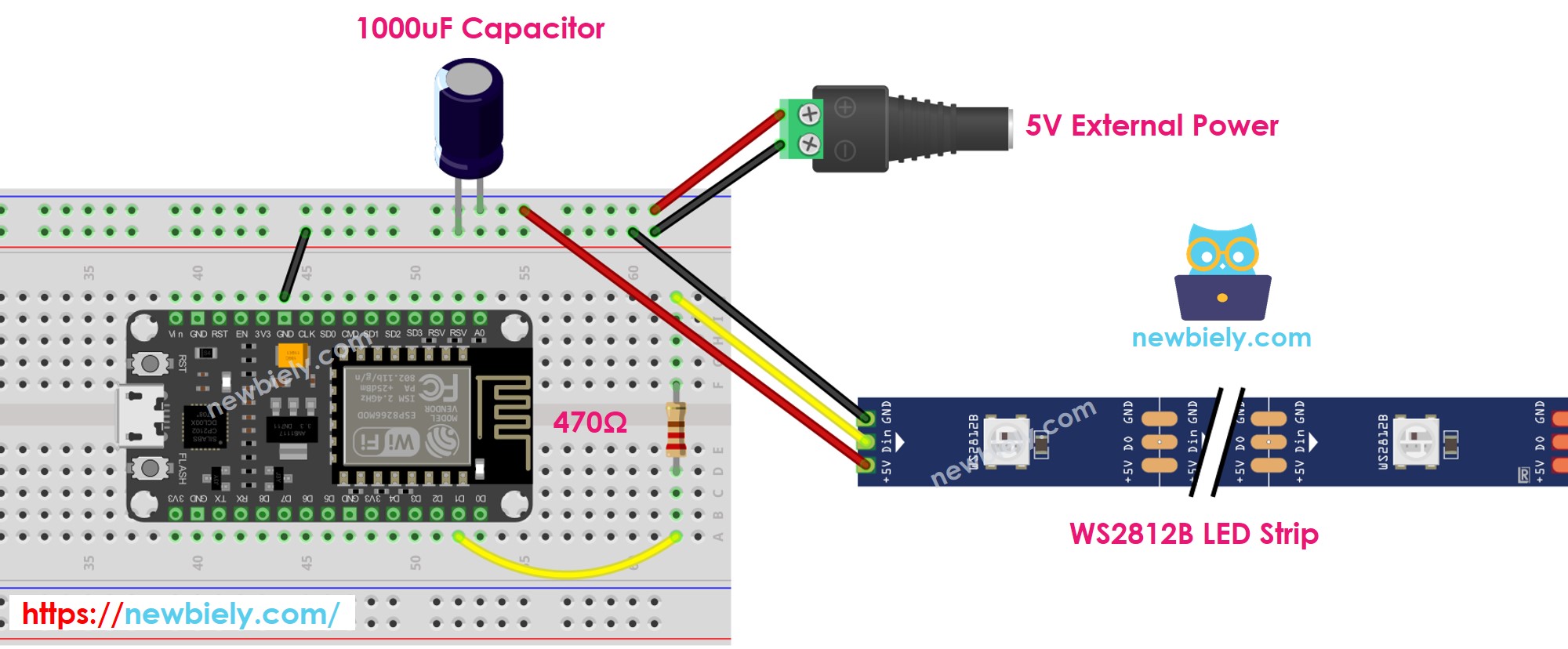 Diagrama de ligação do ESP8266 NodeMCU com fita LED RGB WS2812B