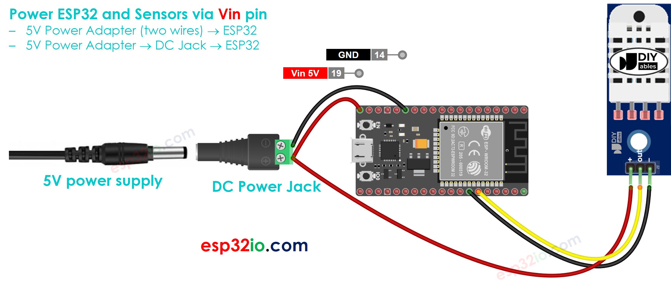 como alimentar o ESP32 e os sensores pelo pino Vin