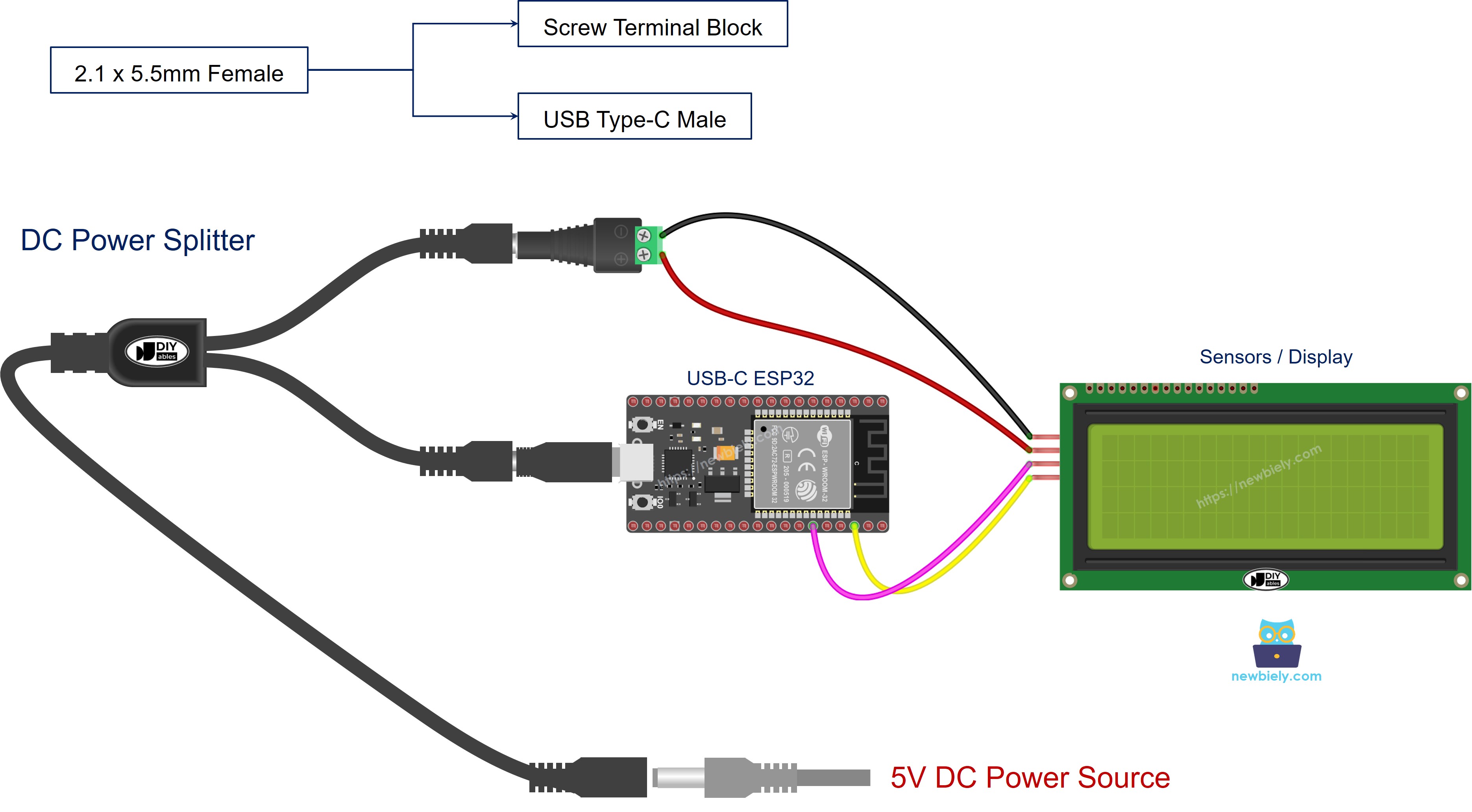 como alimentar o ESP32 e os sensores com um divisor de alimentação de 5V