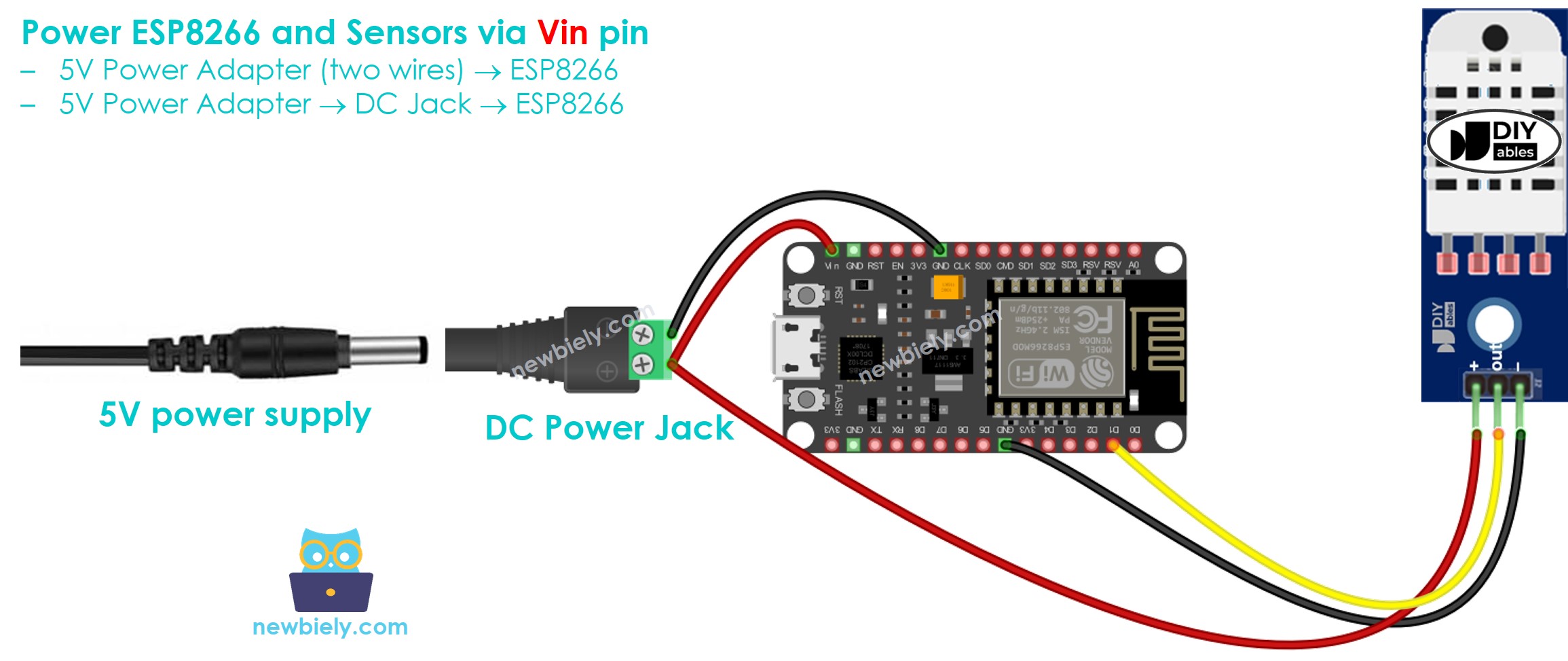 como alimentar o ESP8266 NodeMCU e os sensores pelo pino Vin